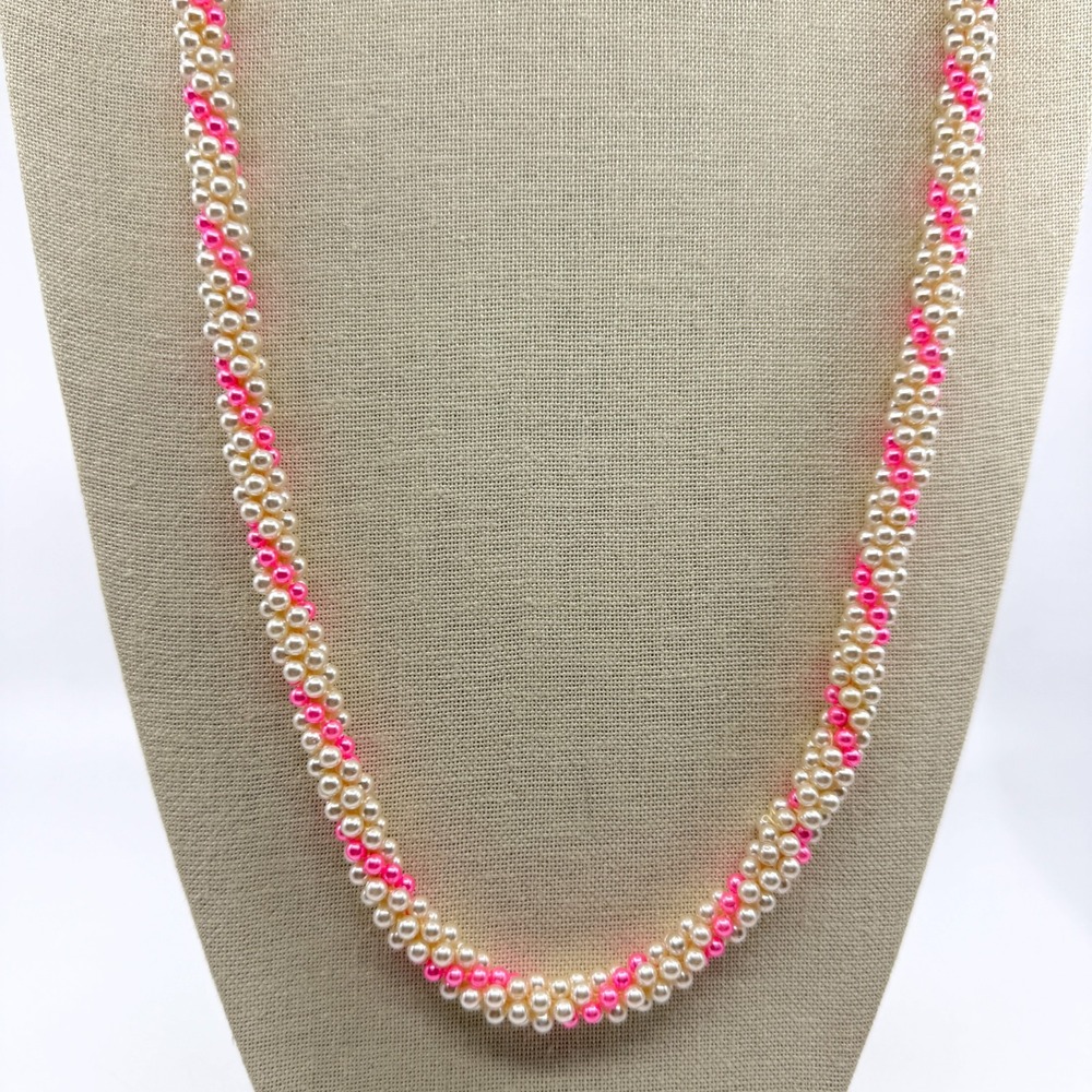 Cream Hot Pink Faux Pearl Woven Long Necklace Coquette Statement Jewelry Gift